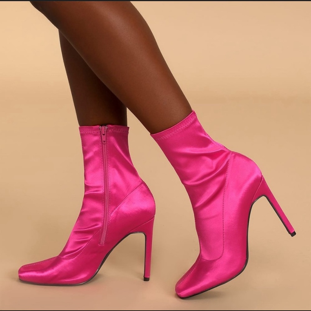 NIB 💖 Hot Pink Fuchsia Lulu's Loriah Satin Square Toe Mid-Calf Boots 8 #Lulus